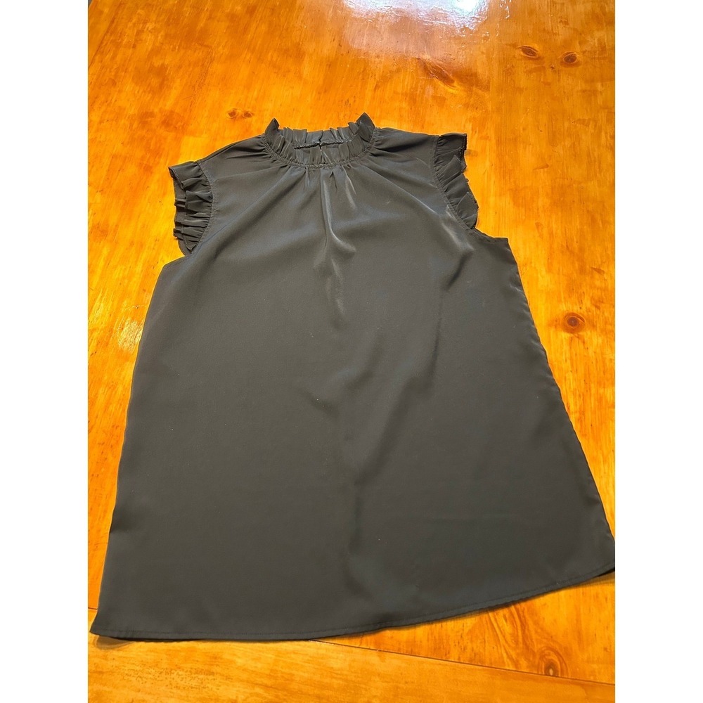 Quiet Luxury Preppy Black Sleeveless Ruffle Mock Neck Blouse Top Keyhole Back - Picture 8 of 9
